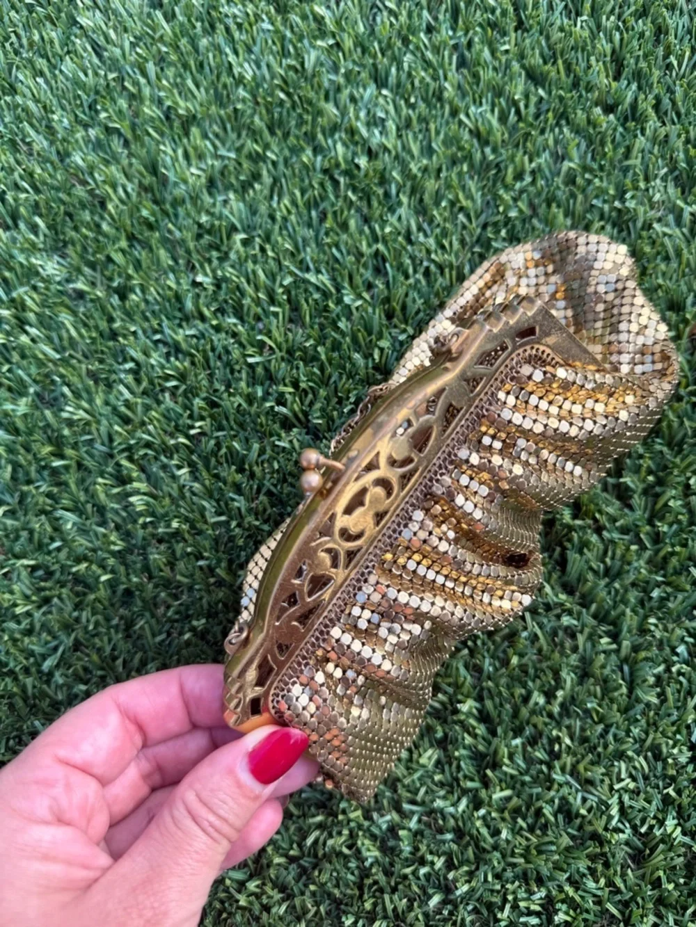 VTG 1940s Whiting Davis Gold Mesh Flapper Bag Purse Brass Pierced Frame USA NICE